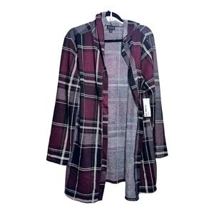 EN FOCUS STUDIO Hooded Plaid Cardigan Size 2X Burgundy Black Lightweight Layers